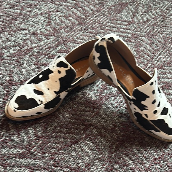 Very Volatile genuine calf hair Black and White Cow Print Loafers - Picture 1 of 5